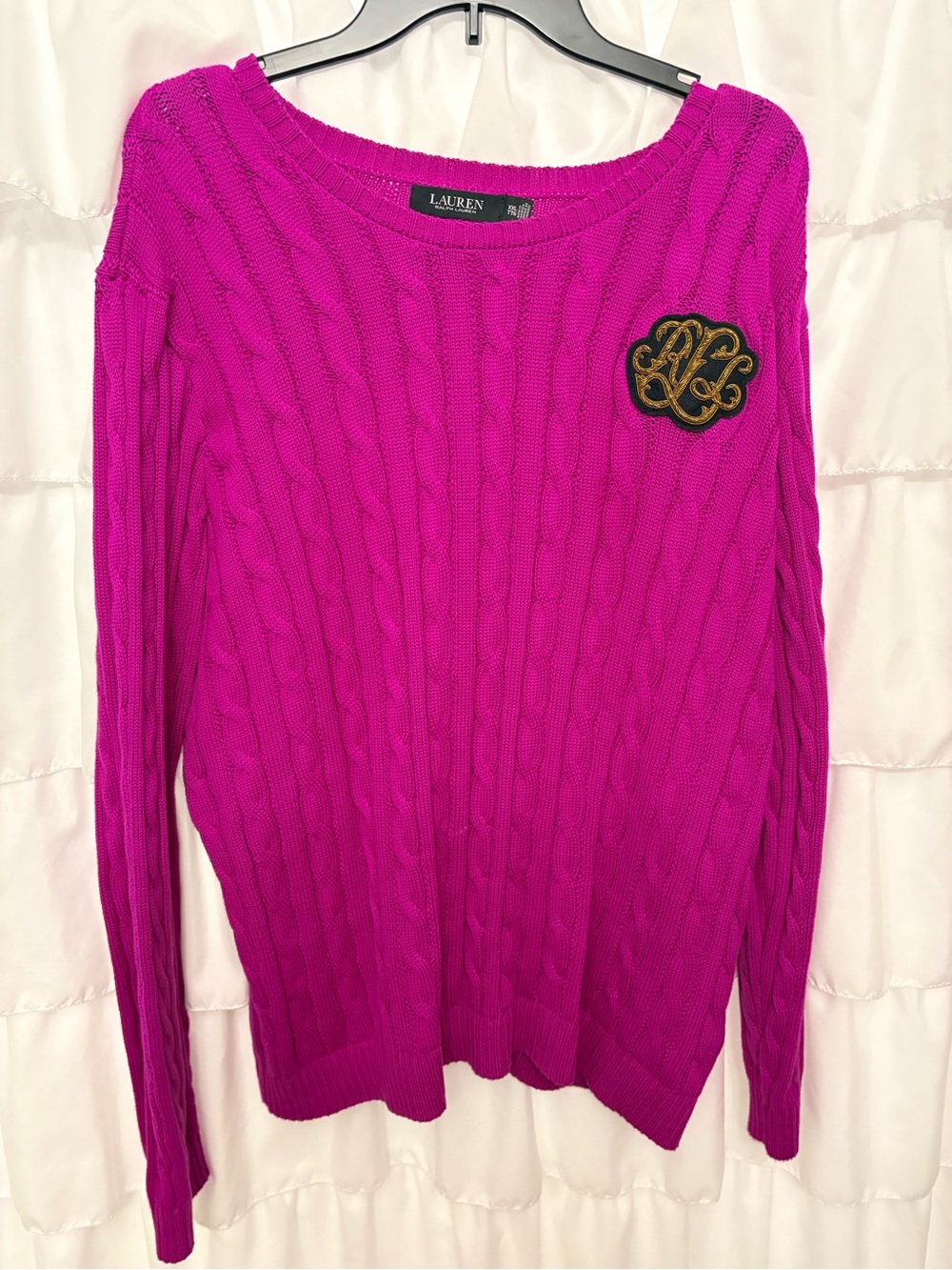 Ralph Lauren Cable-Knit Crew Sweater in Fuchsia with Crest Patch